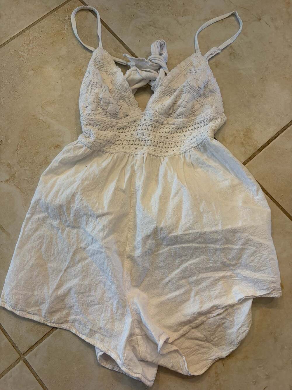 Blanco White Cotton Mini Dress with Crochet Detailing